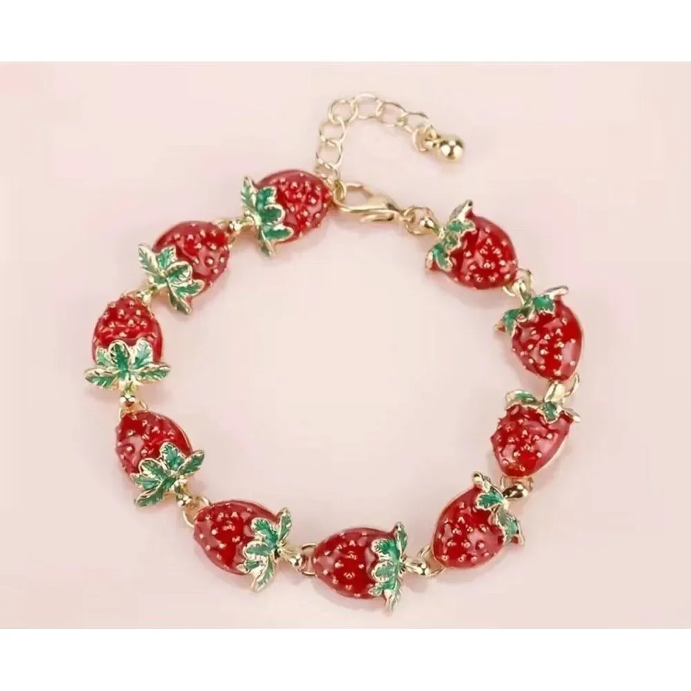Strawberry Tennis Bracelet Enamel Red Bangle Green‎ NWT